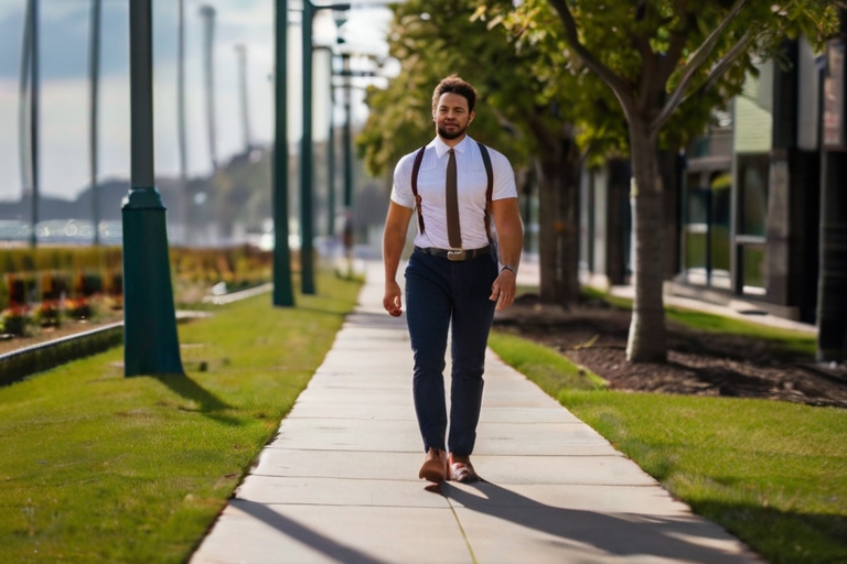 a confident and outcome independent masculine man walking on a sidewalk in the distance