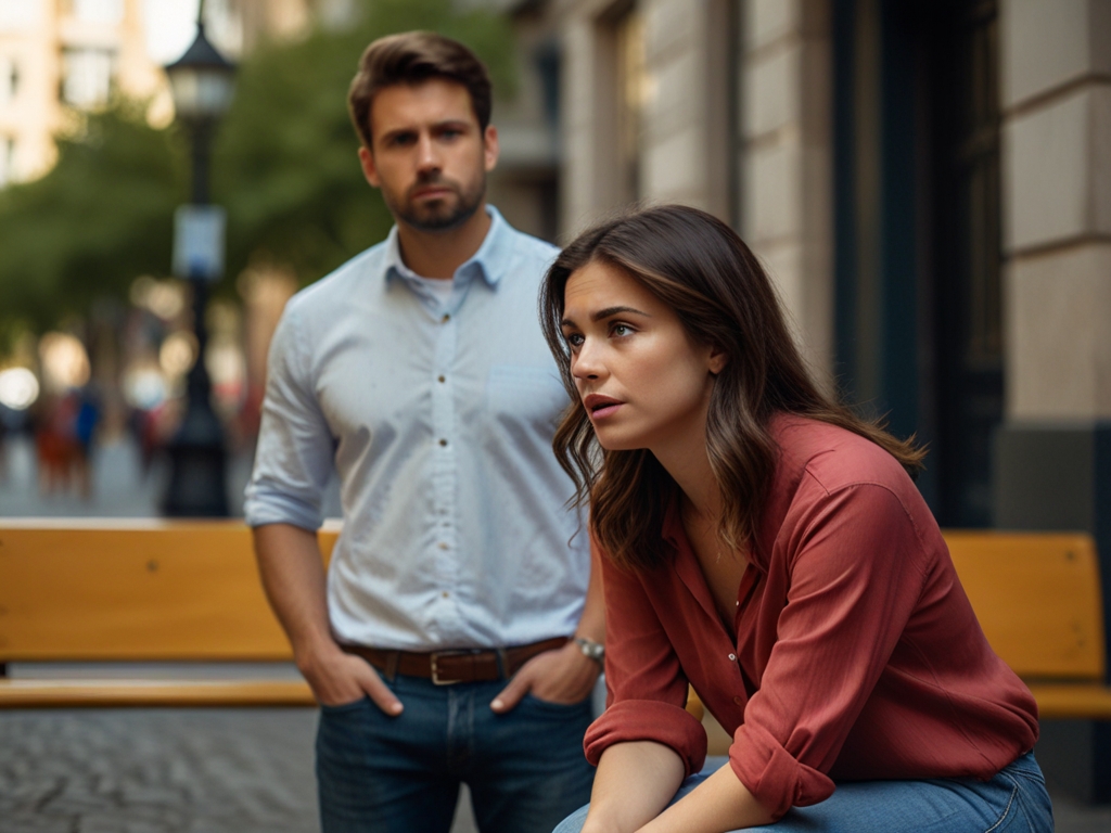 A woman in a red shirt sits on a bench looking pensive, while a man she is dating with in a light shirt stands nearby on a city street.